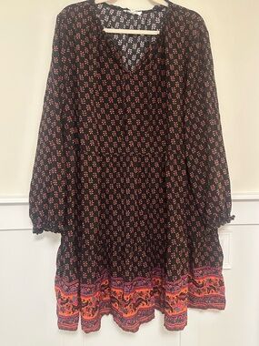 beachlunchlounge - Black Midi Dress with Pink Floral Print & Orange-Pink Border